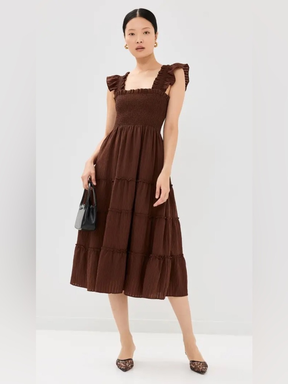 Hill House Brown Ruffle-Shoulder Maxi Dress